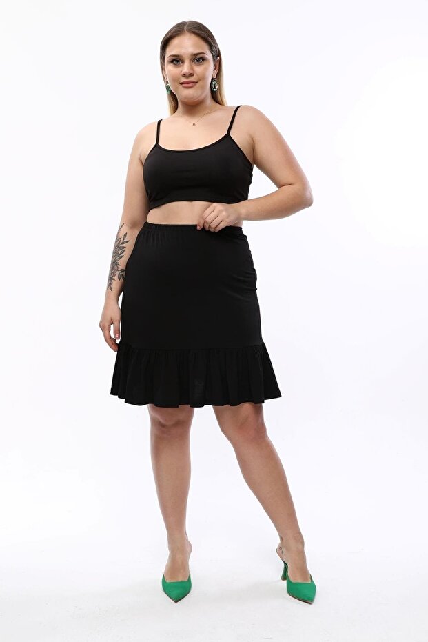 Plus Size - Comfort Black Skirt with Elastic Waist, Ruffles and Lycra