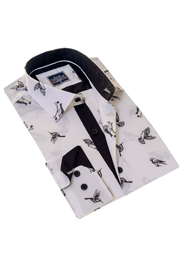 Black Bird Printed Cotton Slim Fit Long Sleeve Men's Shirt on White