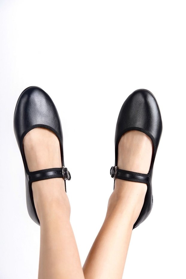 Women's Black Leather Mary Jane Ballerina Flats