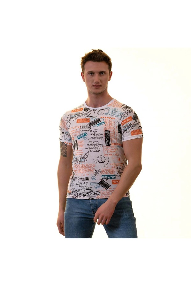 White Orange Black World Travel Themed Crew Neck Men's T-Shirt Cotton Combed Cotton T-shirt