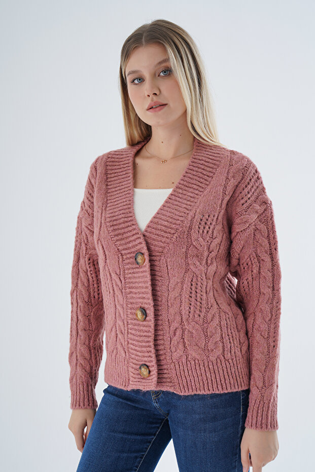 Women's Dusty Rose Oversize V-Neck Hair Braided Openwork Buttoned Wool Blend Knitwear Knitted Long Cardigan