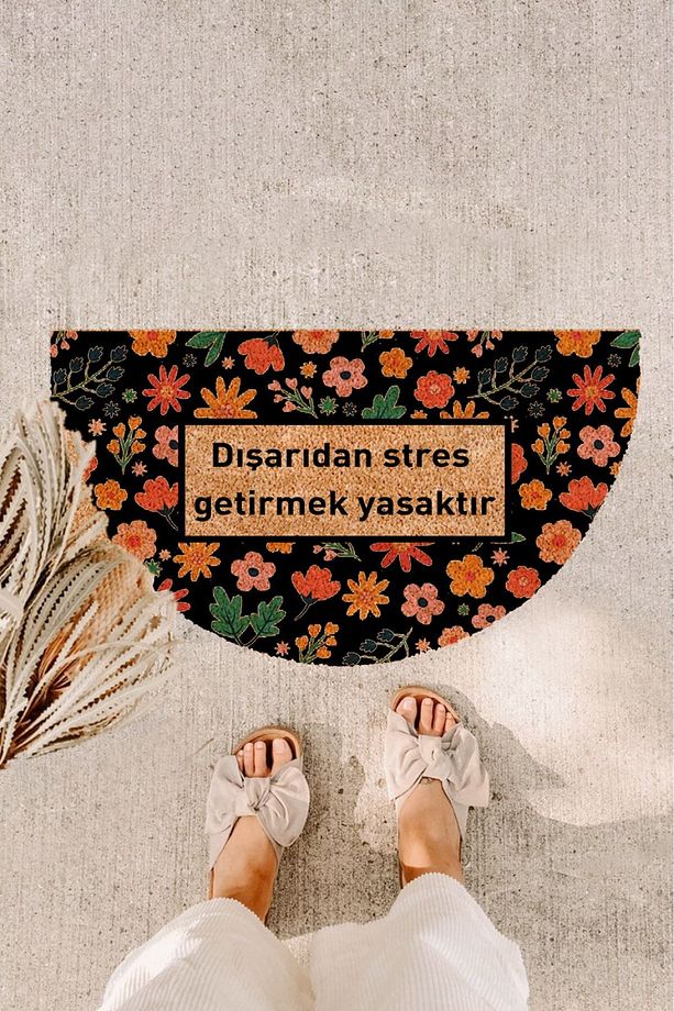 Dışardan Stres Getirmek Yasaktır Tam Desenli Oval Kapı Önü Paspası Koko Paspas Daire Önü Paspası - 1