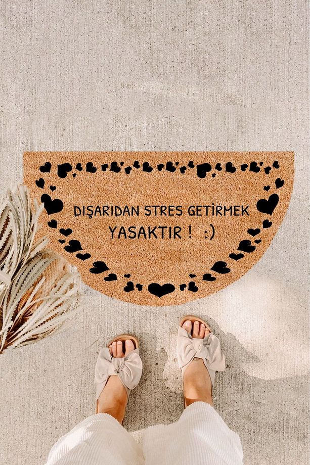 Dışardan Stres Getirmek Yasaktır Siyah Kalpli Oval Kapı Önü Paspas Koko Paspas Apartman Daire Paspas - 1