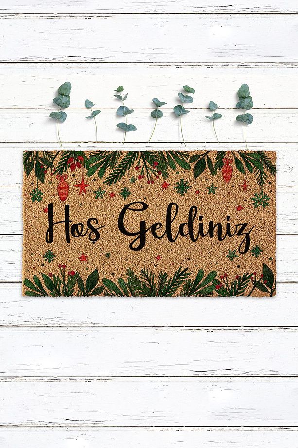 Yılbaşı Süslemeli Hoş Geldiniz Yazılı Paspas Koko Paspas Giriş Paspası Dış Kapı Önü Paspası - 1