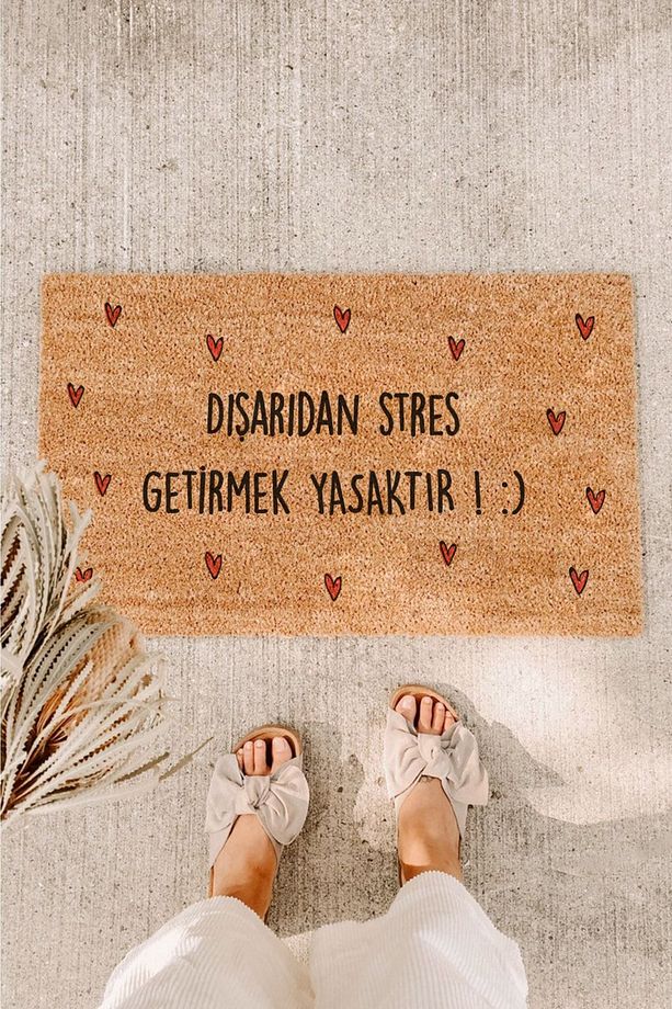 Dışardan Stres Getirmek Yasaktır Küçük Kırmızı Kalpler Kapı Önü Paspası Koko Paspas Kıl Paspas - 1