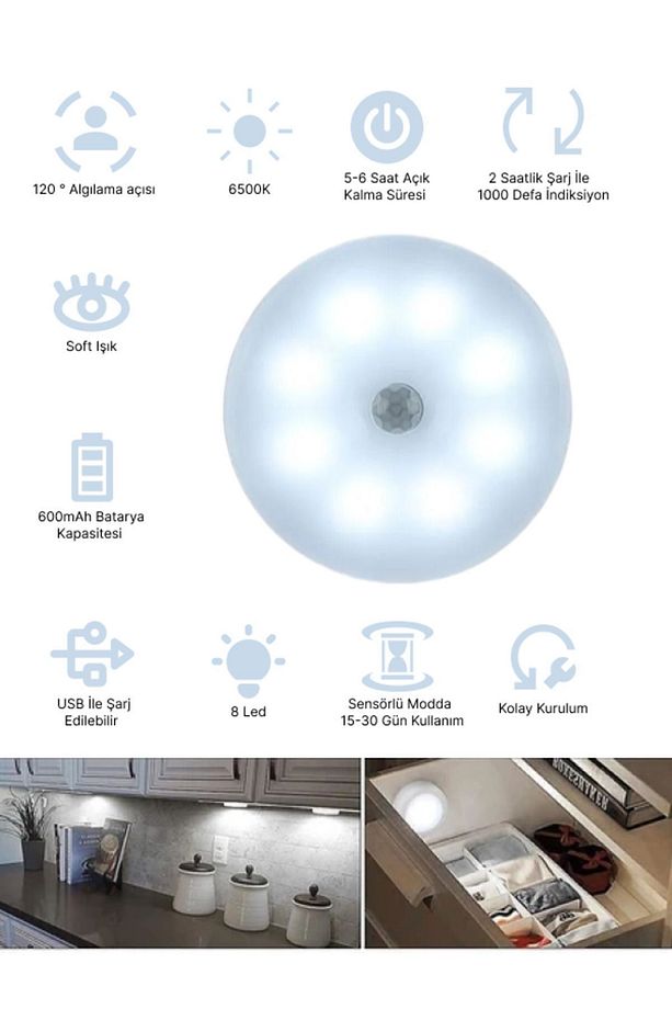 Hareket Sensörlü On/auto/off Modlu 8 Ledli Usb Şarjlı Beyaz Led Işık Lamba - 4