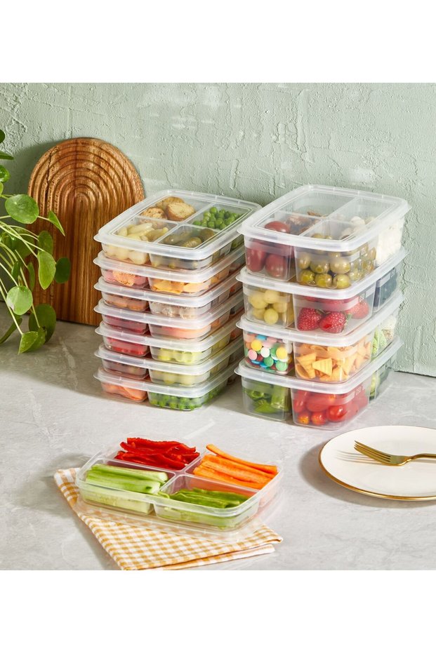 4-Compartment Breakfast Vegetable Storage Container with Lid, Meal-Sized Refrigerator Organizer - 2 Pieces (100ml and 250ml)