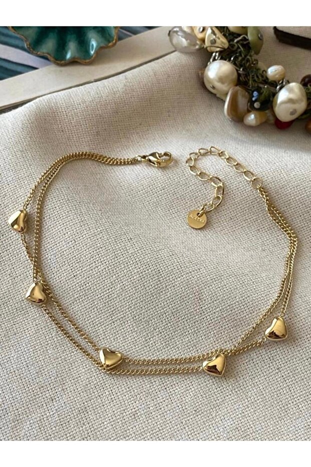 Steel Gold 2 Row Heart Anklet