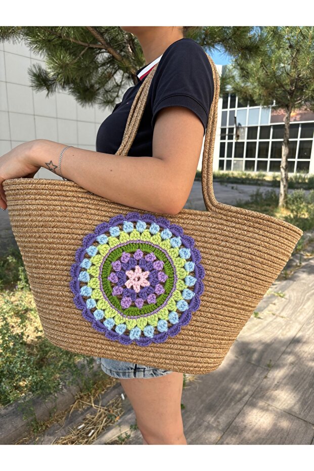 Ethnica Outside Hand Braided Jute Straw Shoulder Beach Bag