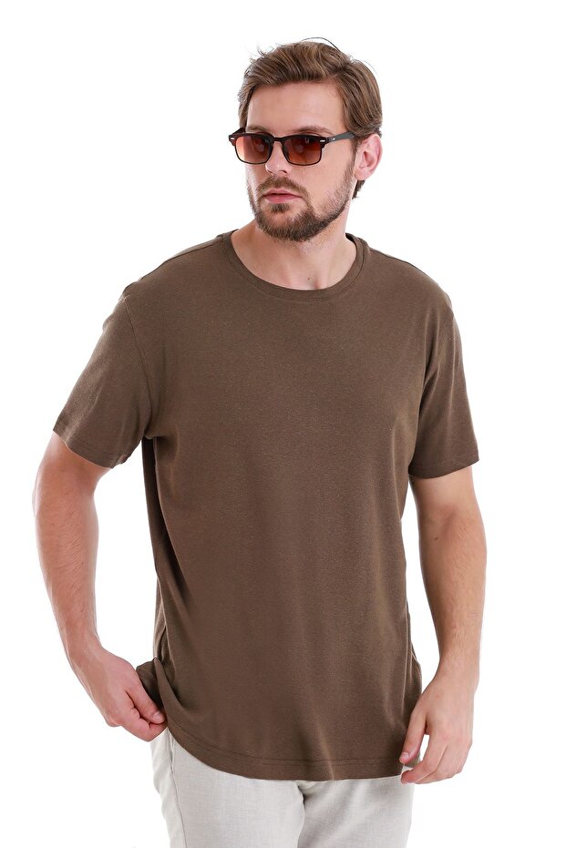 Brown Regular Fit Plain Crew Neck Linen T-Shirt