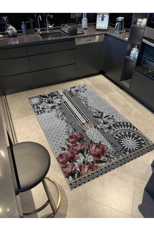 Mira Black Gray Tones Modern Decorative Carpet with Flower Detail Mira5509
