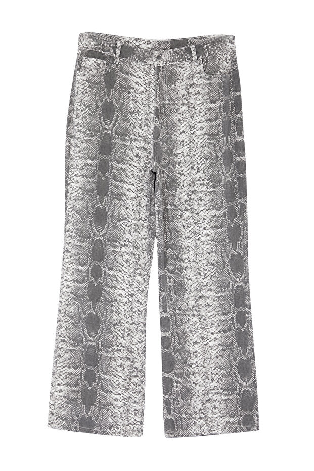 Gri Yüksek Bel Animal Desenli Straight Fit Büyük Beden Jeans TBBAW25CJ00008 - 6