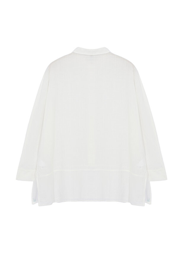 Koszula damska w stylu lnianym, oversize, tkana, kolor ecru TEDAW25AX00000 - 6