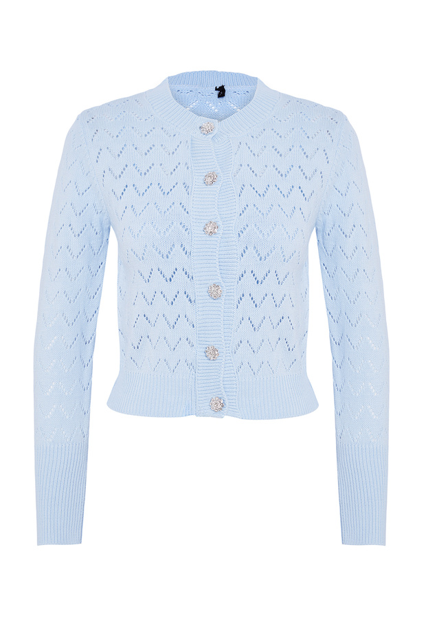 Mavi Ajurlu/Delikli Crop/Kısa Triko 2'li Bluz-Hırka Takım TWOSS23HI00000 - 5