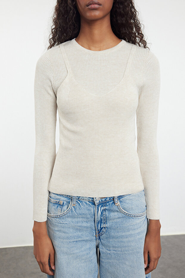 Beiger Doppelstrickpullover - TWOAW25KZ00016 - 3