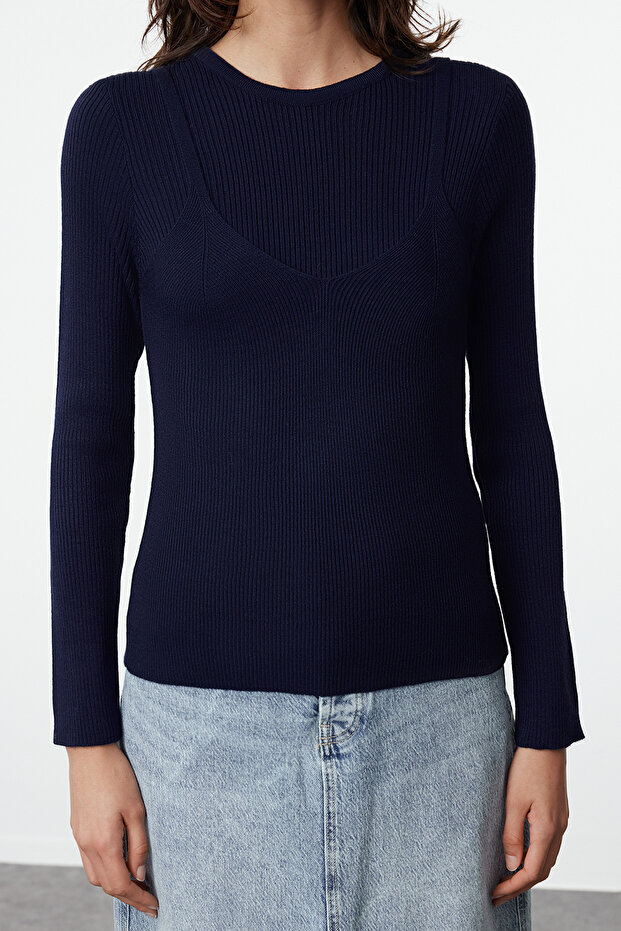 Marineblauer Basic Double Knit Pullover TWOAW25KZ00016 - 3