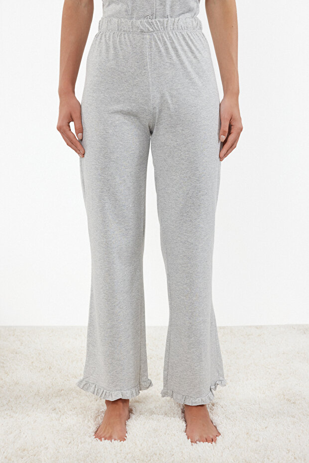 Gri Melanj %100 Pamuklu Fırfır Detaylı Örme Pijama Takımı THMSS24PT00223 - 4