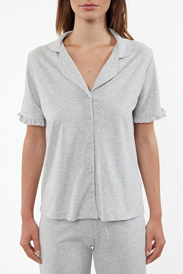 Gri Melanj %100 Pamuklu Fırfır Detaylı Örme Pijama Takımı THMSS24PT00223 - 3