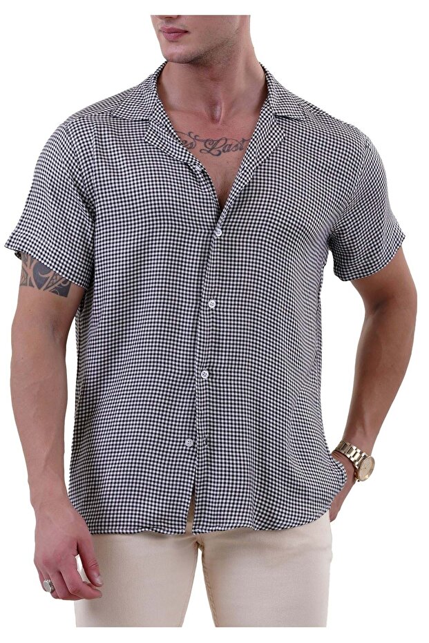 Black and White Houndstooth Plaid Viscose Hawaiian Relaxed Fit Short Sleeve Summer Shirt