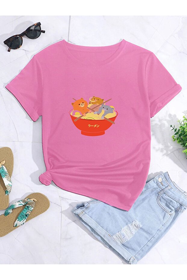 oversize cat ramen printed printed T-shirt