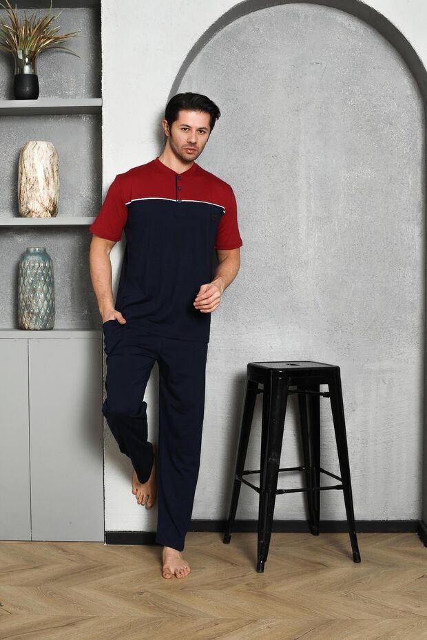 Men's Summer Pajama Set - Short Sleeve, Single Jersey, Three Button, Embroidered Cotton