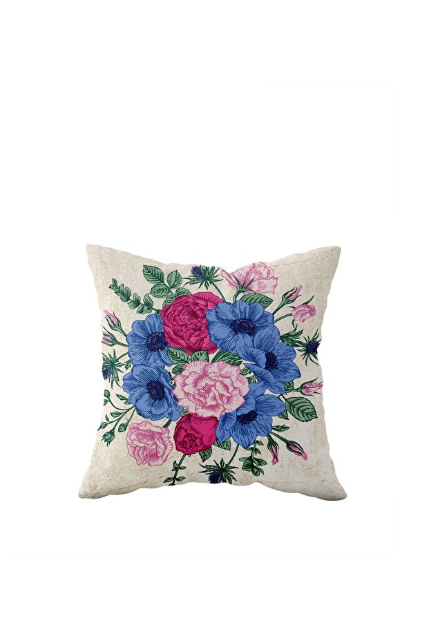 Beige Blue Double Sided Flower Bouquet with Roses - Pillow Case with Hidden Zipper Detail
