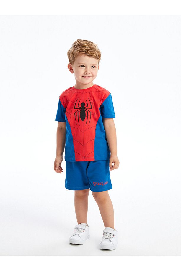 Bisiklet Yaka Spiderman Baskılı Erkek Bebek Tişört ve Şort 2'li Takım - 1