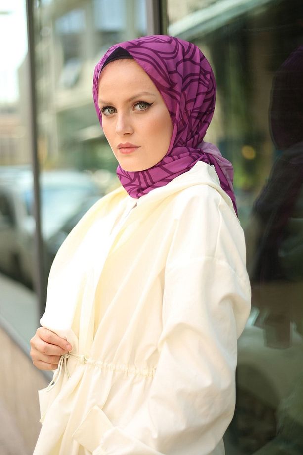 Yaprak Desen Şifon Şal Fuşya - 4