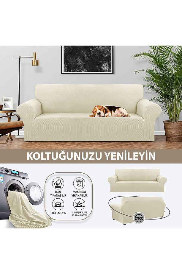 Likrali Esnek 3 Kişilik Krem Lastikli Kanepe Örtüsü | Lastikli Koltuk Örtüsü | koltuk kılıfı - 5