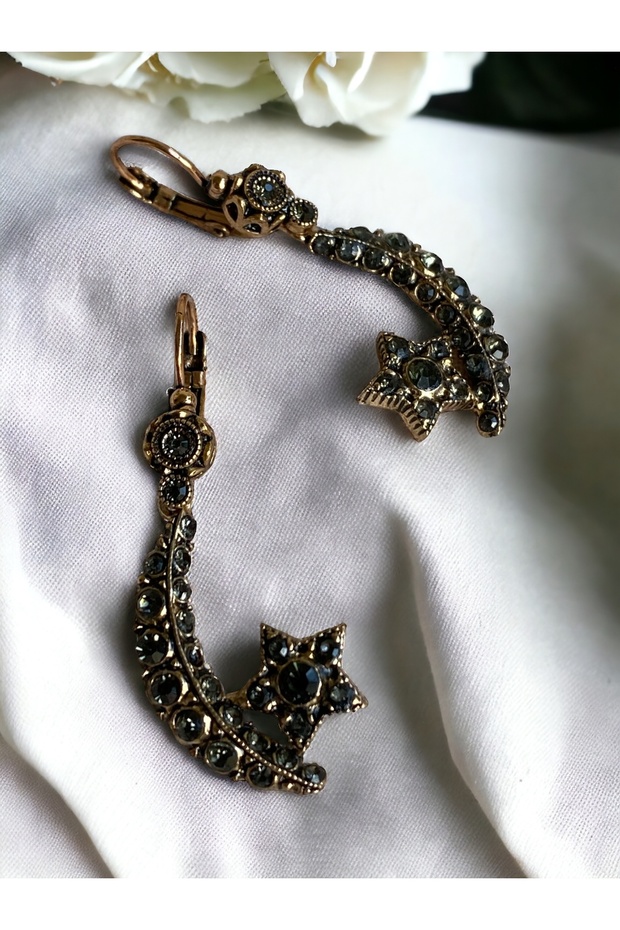 Crystal Embellished Crescent Moon and Star Dangle Earrings