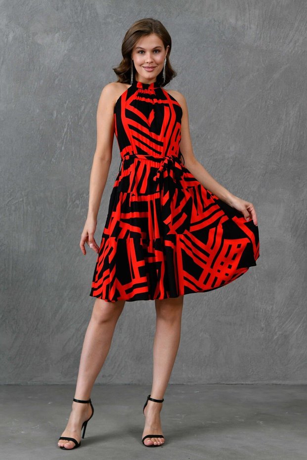 Round Neck Elastic Waist Belt Detail Flared Cutout Stripe Red Summer Dress 2041
