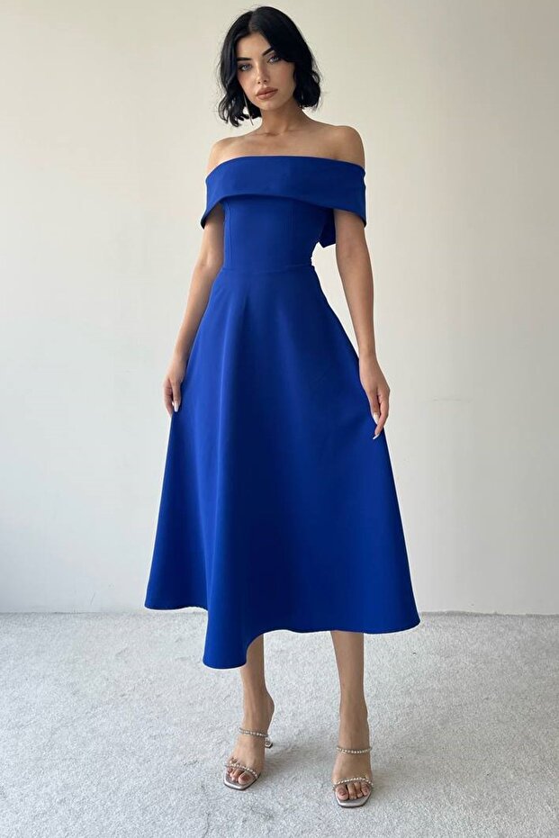 Madonna Collar Saks Blue Midi Atlas Evening Dress - Design 222