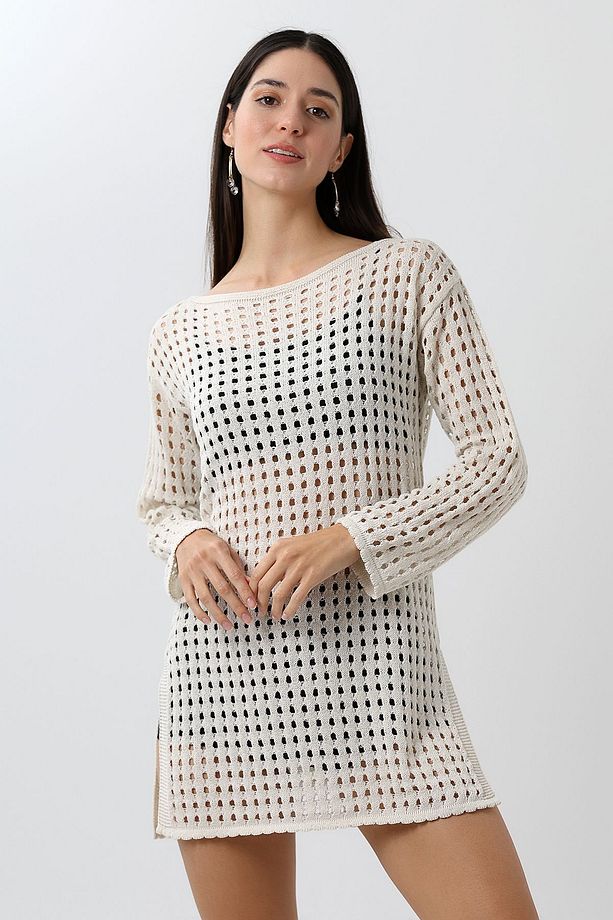 Kadın Bej Oversize Ajurlu Yazlık Elbise - 5