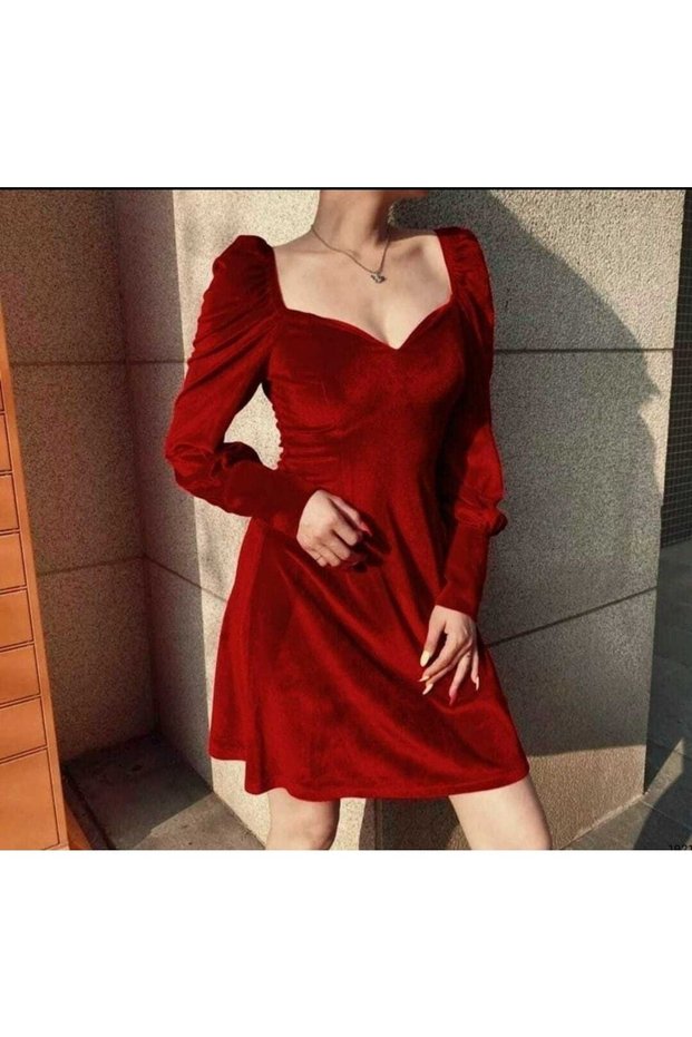 Red Velvet Fabric Chest Cutout Long Sleeve Mini Dress Evening Dress 662