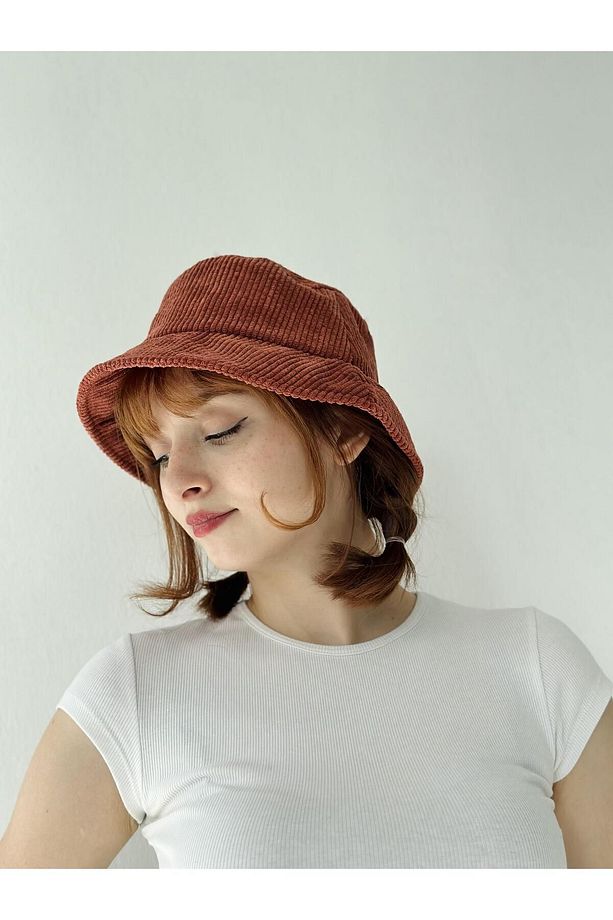 Kadife Kumaş Bucket Balıkçı Model Kışlık Standart Boy Şapka Kadın Kiremit - 1
