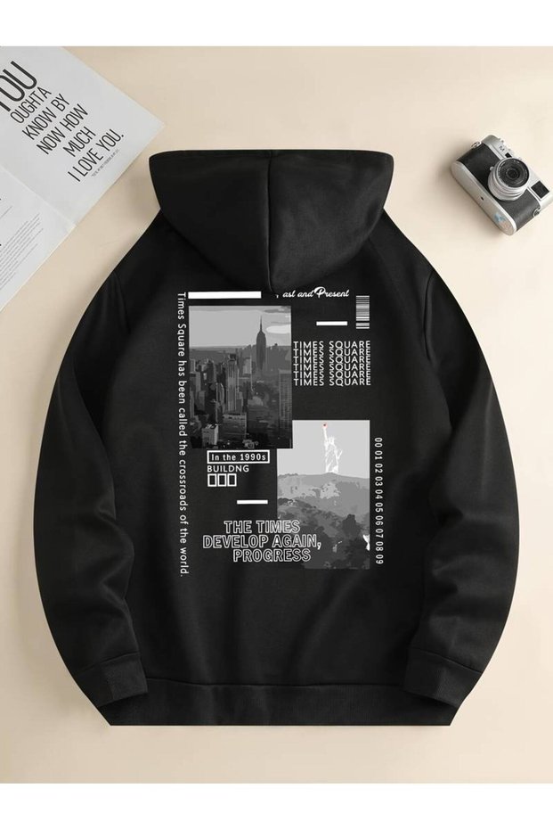 Unisex City and Mountain Printed Oversized Winter 3 Thread 100% Cotton K Hooded Sweatshirt Hoodie