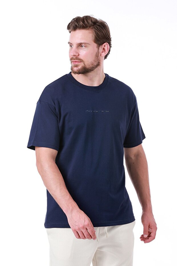 Men's Oversize Printed Navy Blue T-Shirt