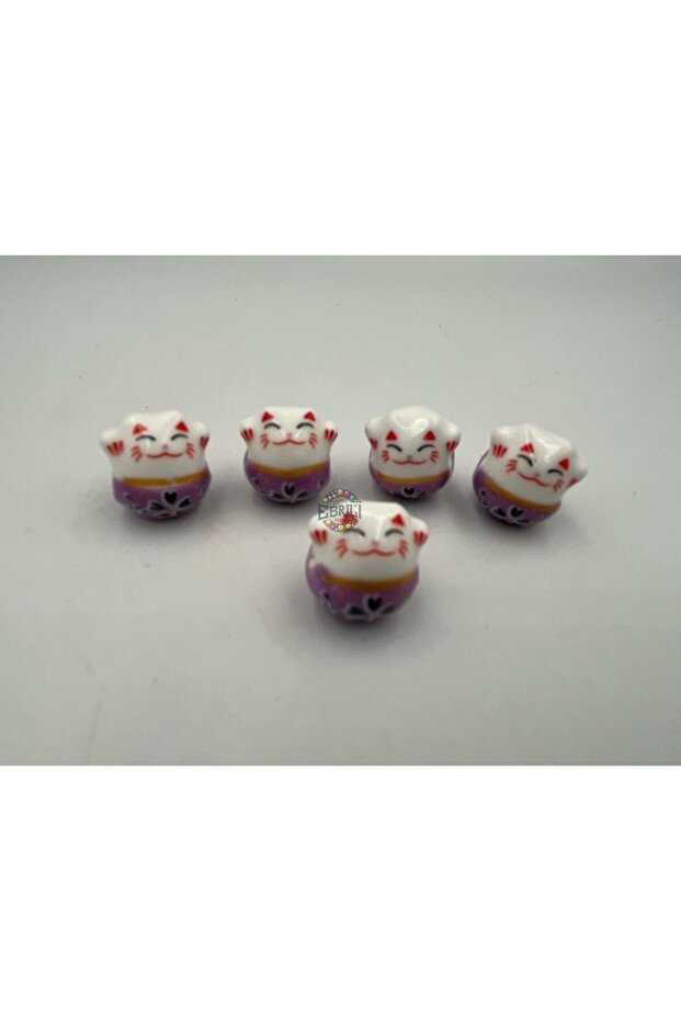 14.56 mm Purple Lucky Cat 5-Piece Patterned Ceramic Jewelry Making Bracelet Necklace Accessory Beads