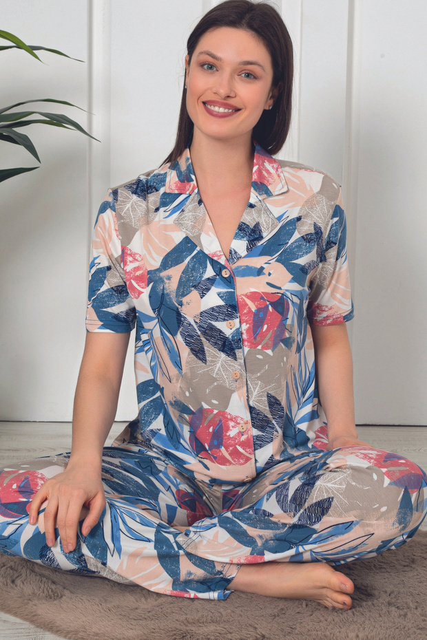 Patterned Short Sleeve Pajama Set - Front Buttoned, Lycra - 1