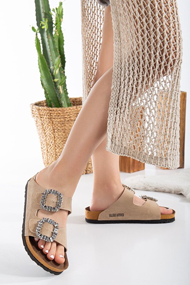 New Season Stone Buckle Slippers Double Buckle Beige Color