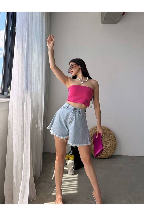 Geniş Paça Püsküllü Denim Şort Kot Şort - 6