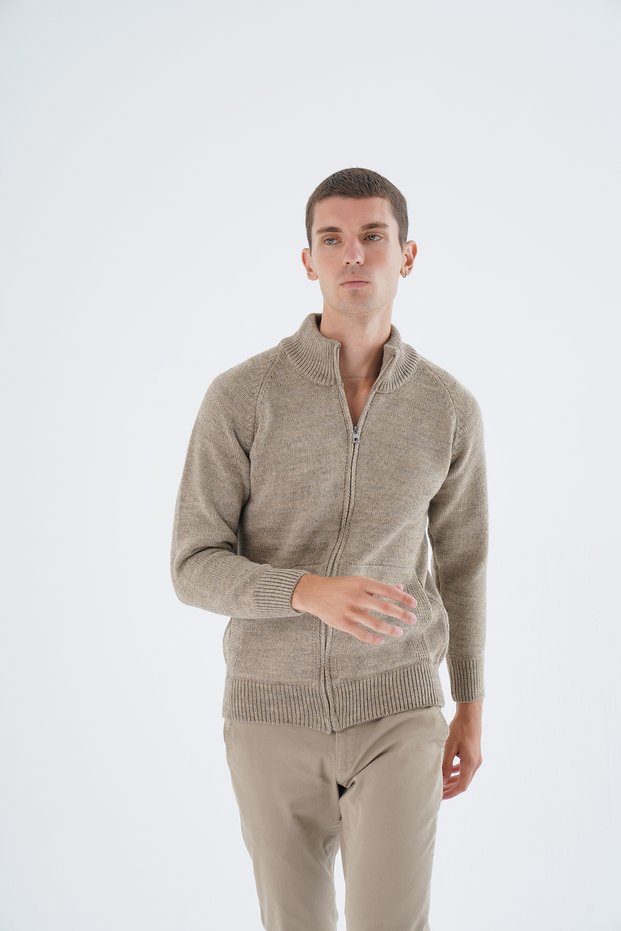 Men's Mink Stand Collar Zippered Flat Pocket Wool Knitwear Knitted Cardigan Trist-5335