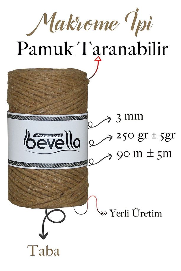 Taranan Makrome Ipi 3mm Taranabilir Pamuk Tek Büküm Makrome Ipi Taba - 2