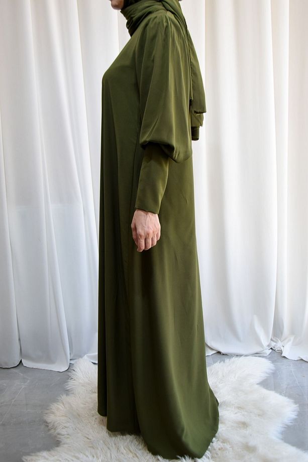 Model Mihriban Medine İpeği Kol Detaylı Tesettür Elbise (Şal Dahil) - Yeşil - MİHRİBAN01004Ş - 6