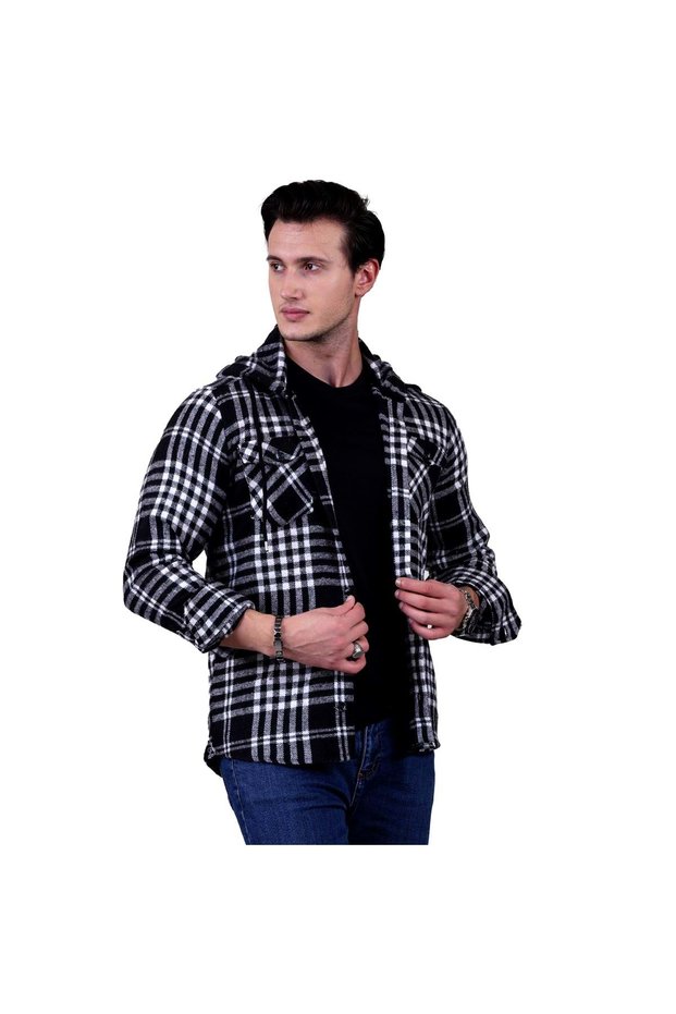 Black White Plaid Checked Hooded Double Pocket Woolen Winter Lumberjack Jacket Shirt
