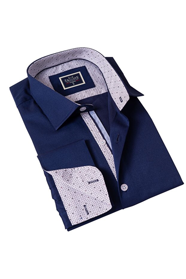 Navy Blue Collar Print Detailed French Double Cuff Sleeve Button Gift Cardboard Boxed Shirt
