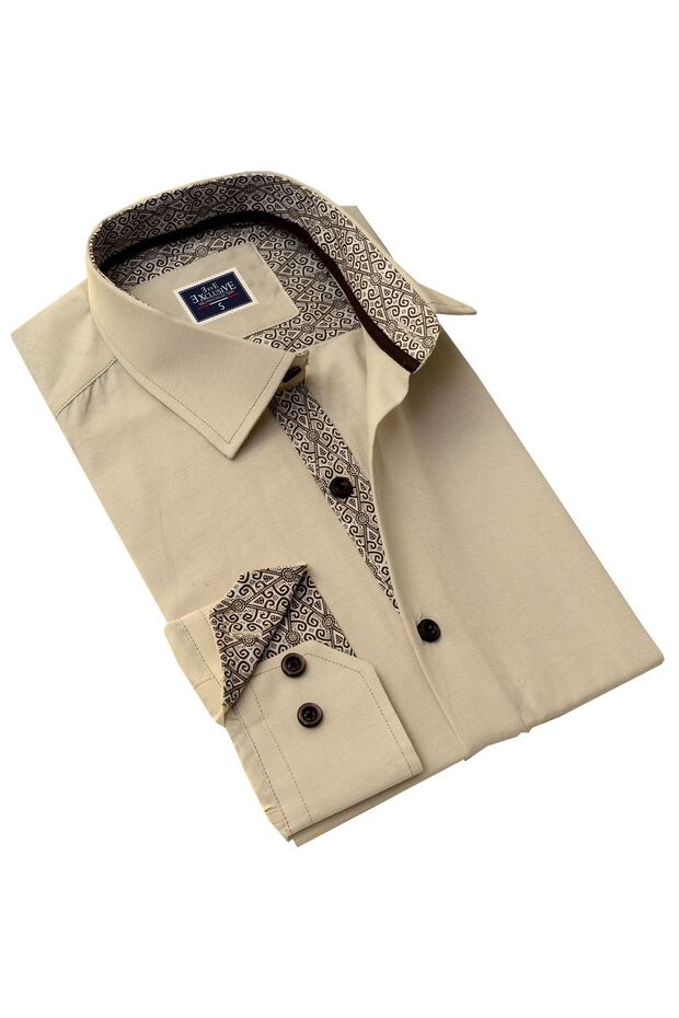 Beige Slim Fit Shirt with Coffee Pattern Detail on Collar and Cuffs