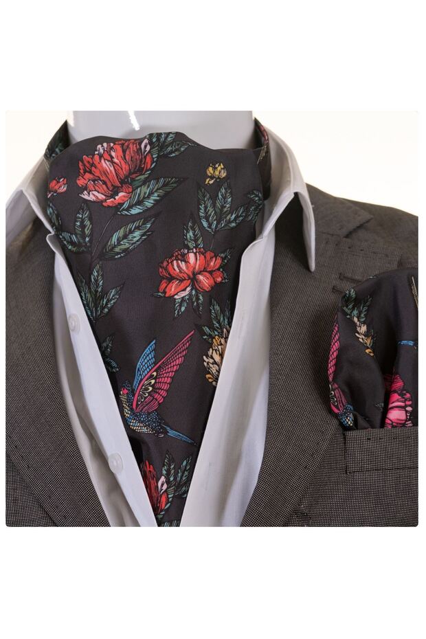 Colorful Flower And Bird Digital Print on Black Scarf Handkerchief Set