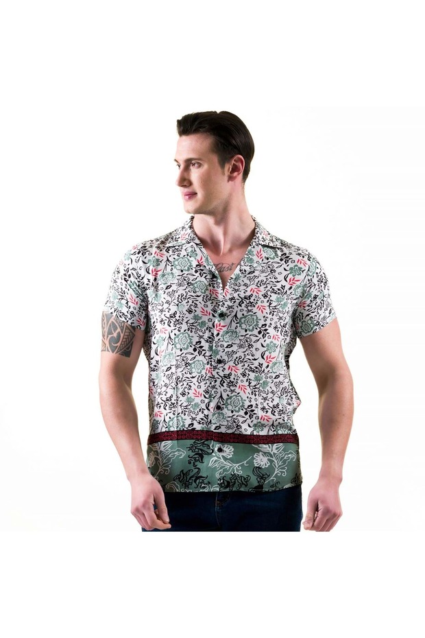 Khaki Green Black Floral Printed Viscose Hawaiian Special Cut Open Collar Short Sleeve Summer Shirt