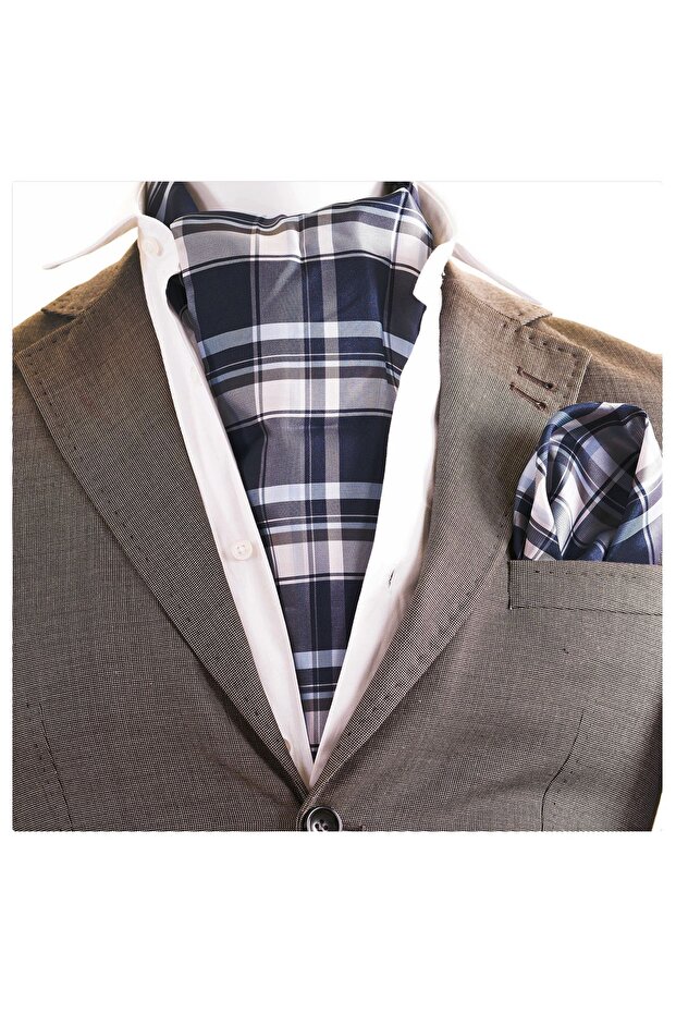 Navy Blue Beige Plaid Men's Scarf Handkerchief Set